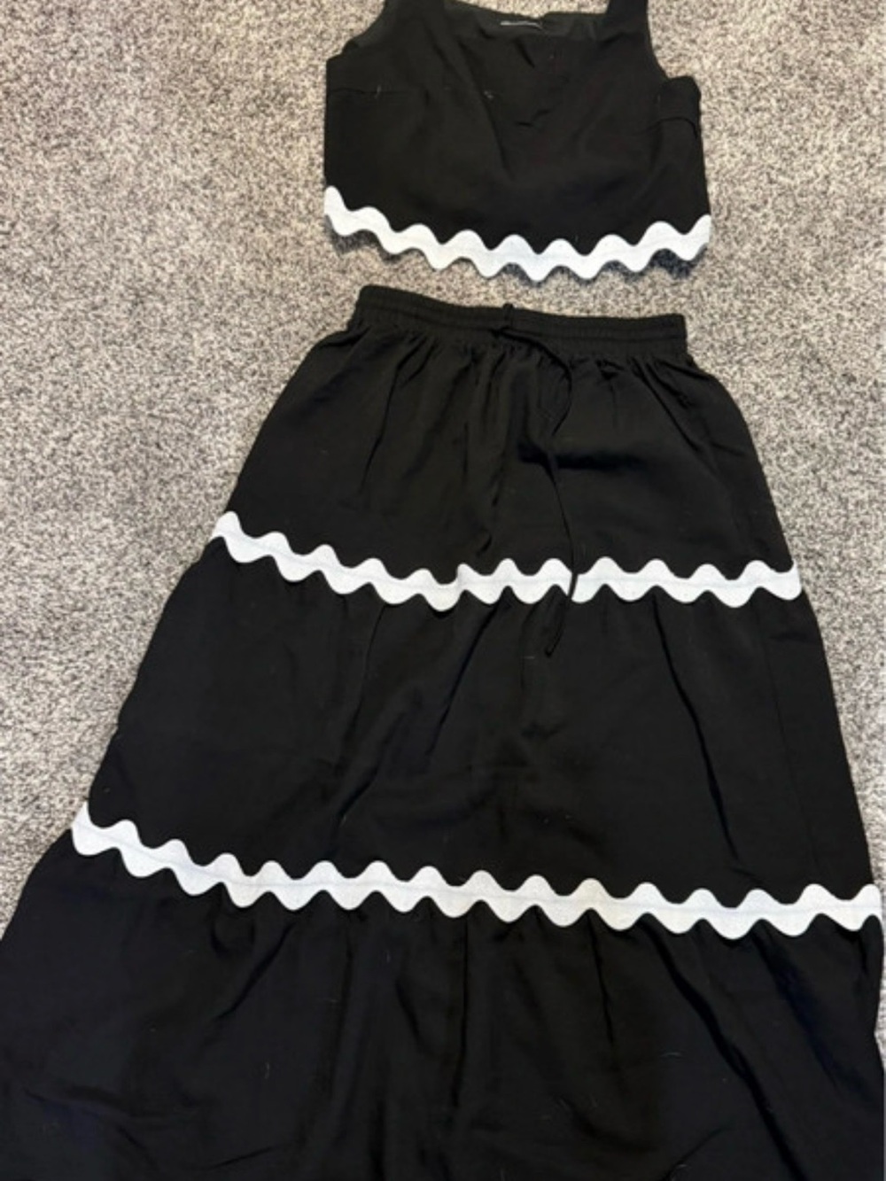 Black Maxi Skirt with White Wave Trim - Versatile Women’s Skirt